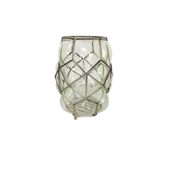 Vintage 30s Art Deco Caged Blown Bubble Glass Footed Vase Lantern Candle Holder - Picture 5 of 12